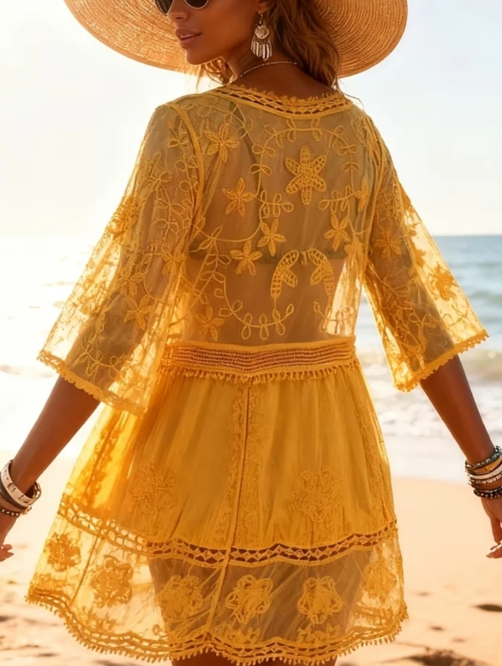NEW Boho Embroidered Lace Cover Up Tunic Top Dress Sheer Mesh Floral Yellow - Picture 5 of 8